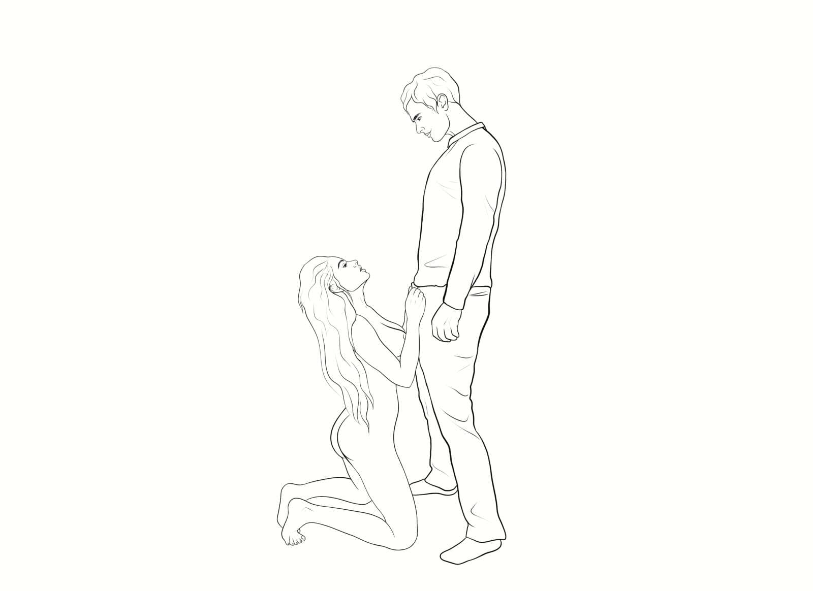 submissive blowjob, drawing of a submissive blowjob couple